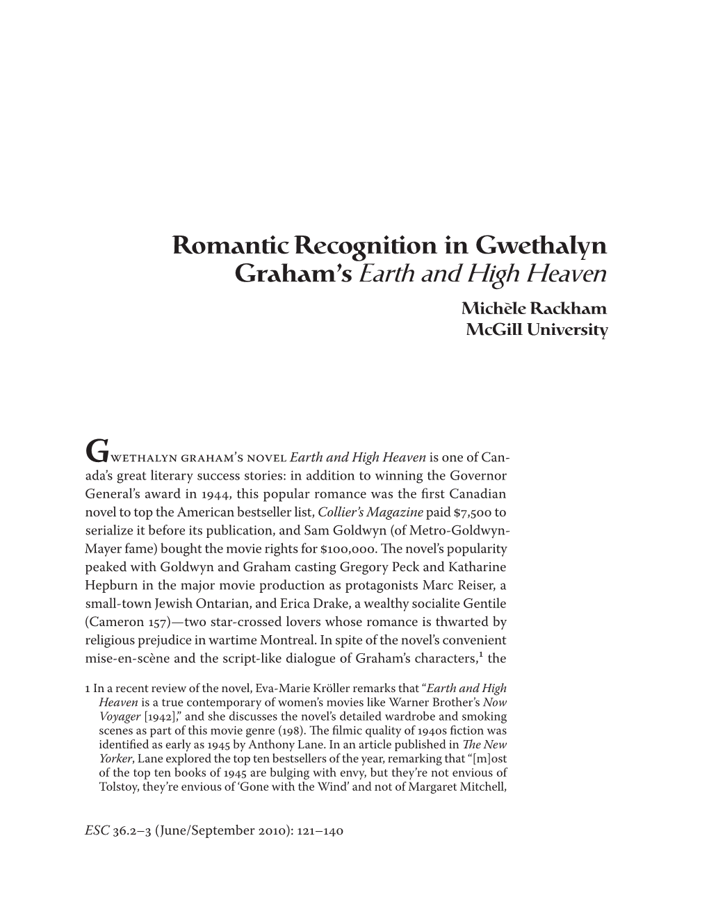 Romantic Recognition in Gwethalyn Graham's Earth and High Heaven