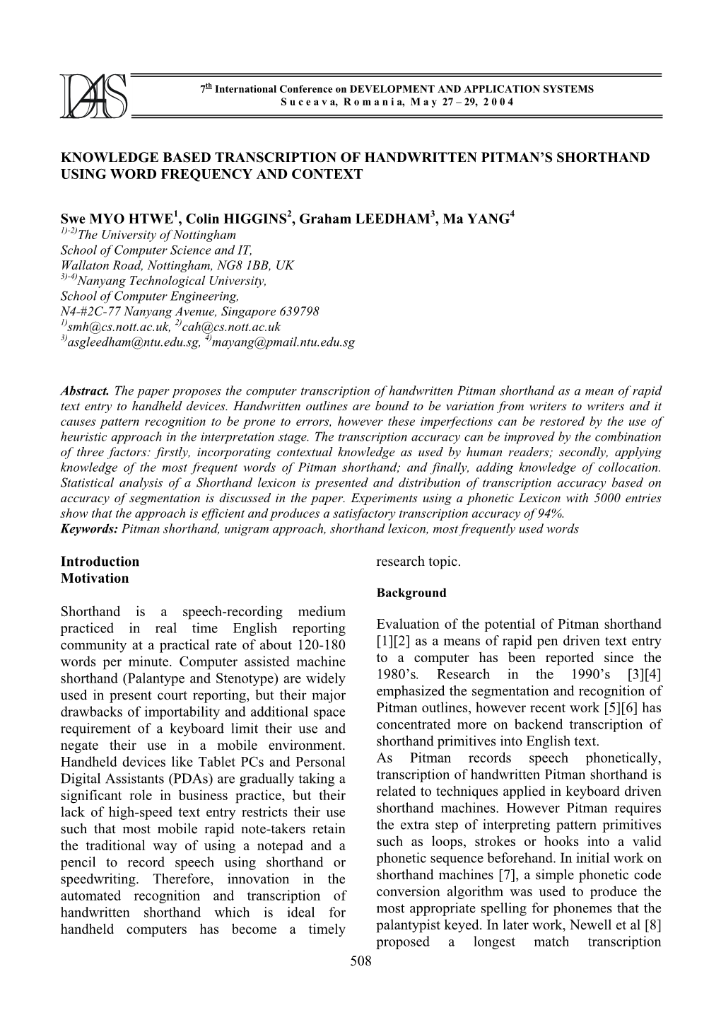 Knowledge Based Transcription of Handwritten Pitman’S Shorthand Using Word Frequency and Context