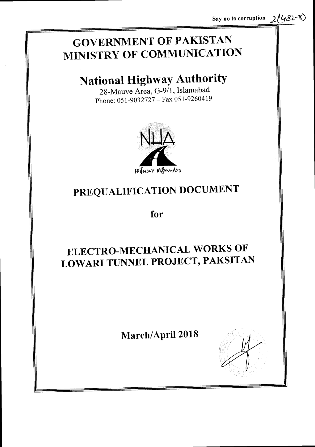National Highway Authority 28-Mauve, Area, G-9Li ISLAMABAD