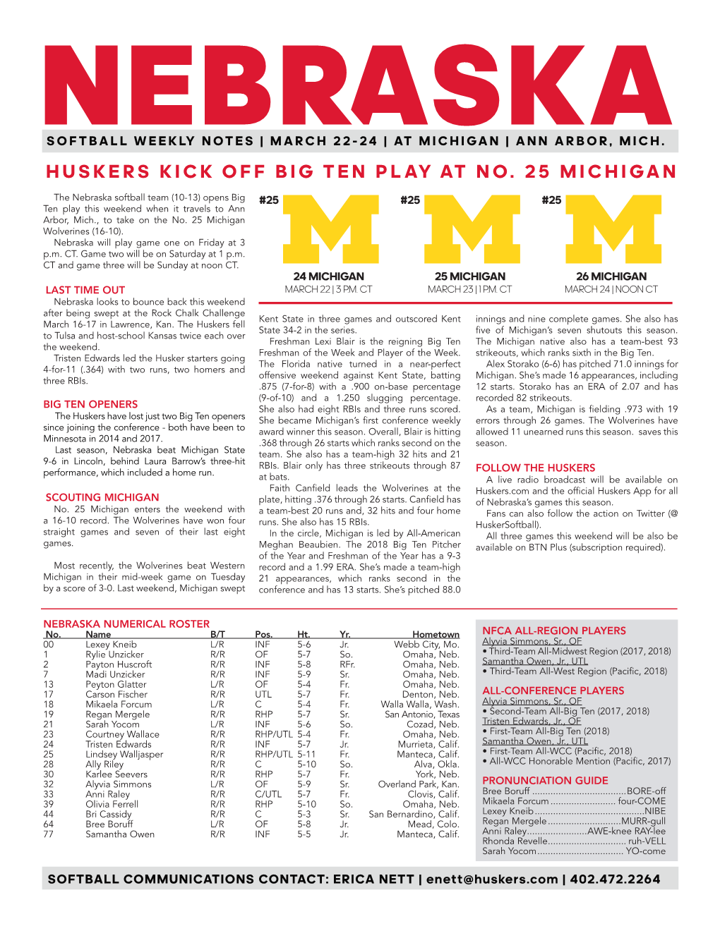 Huskers Kick Off Big Ten Play at No. 25 Michigan