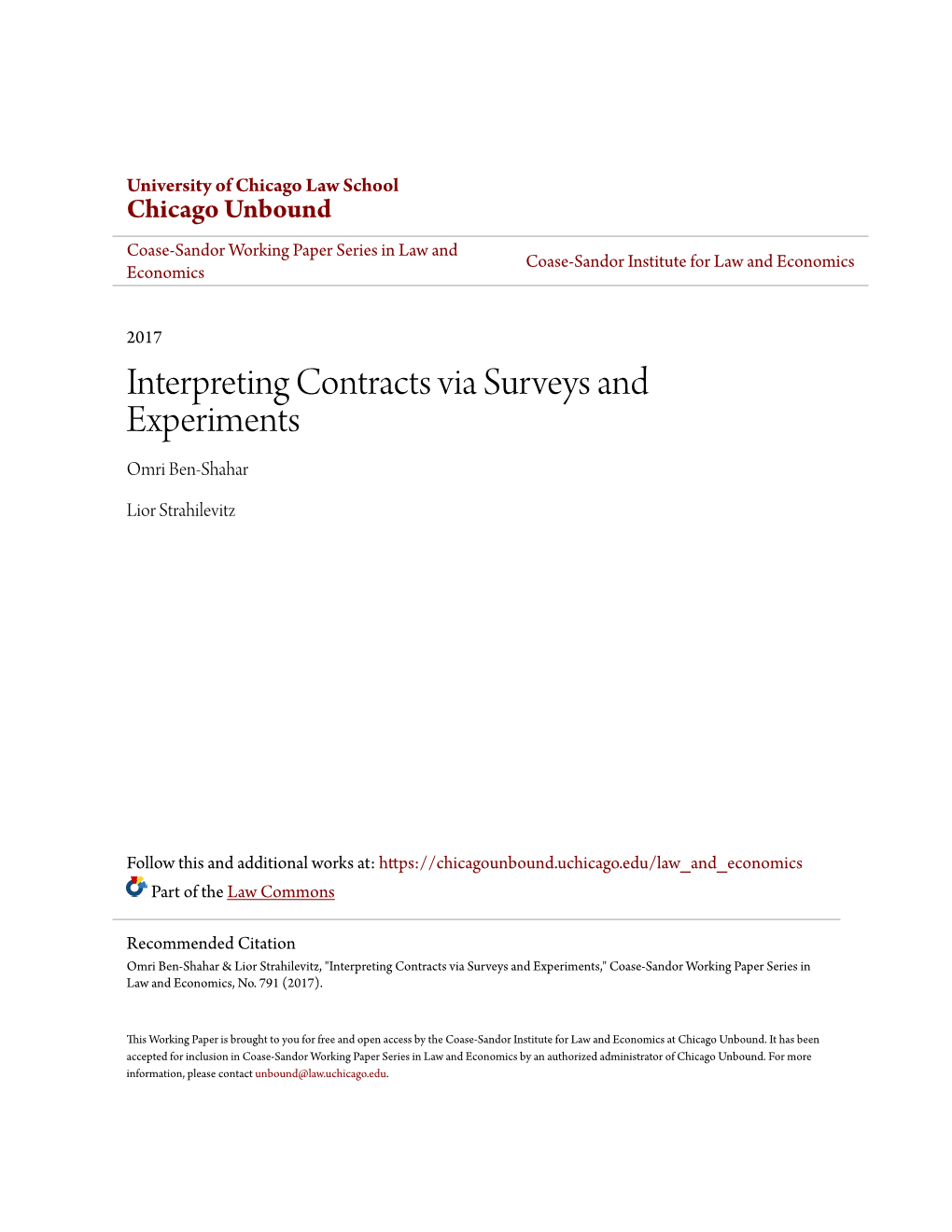 Interpreting Contracts Via Surveys and Experiments Omri Ben-Shahar