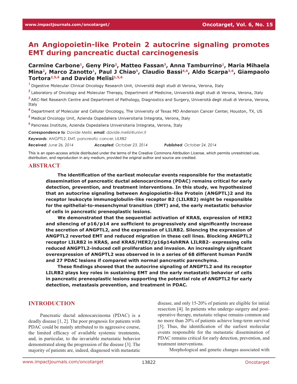 An Angiopoietin-Like Protein 2 Autocrine Signaling Promotes EMT During Pancreatic Ductal Carcinogenesis