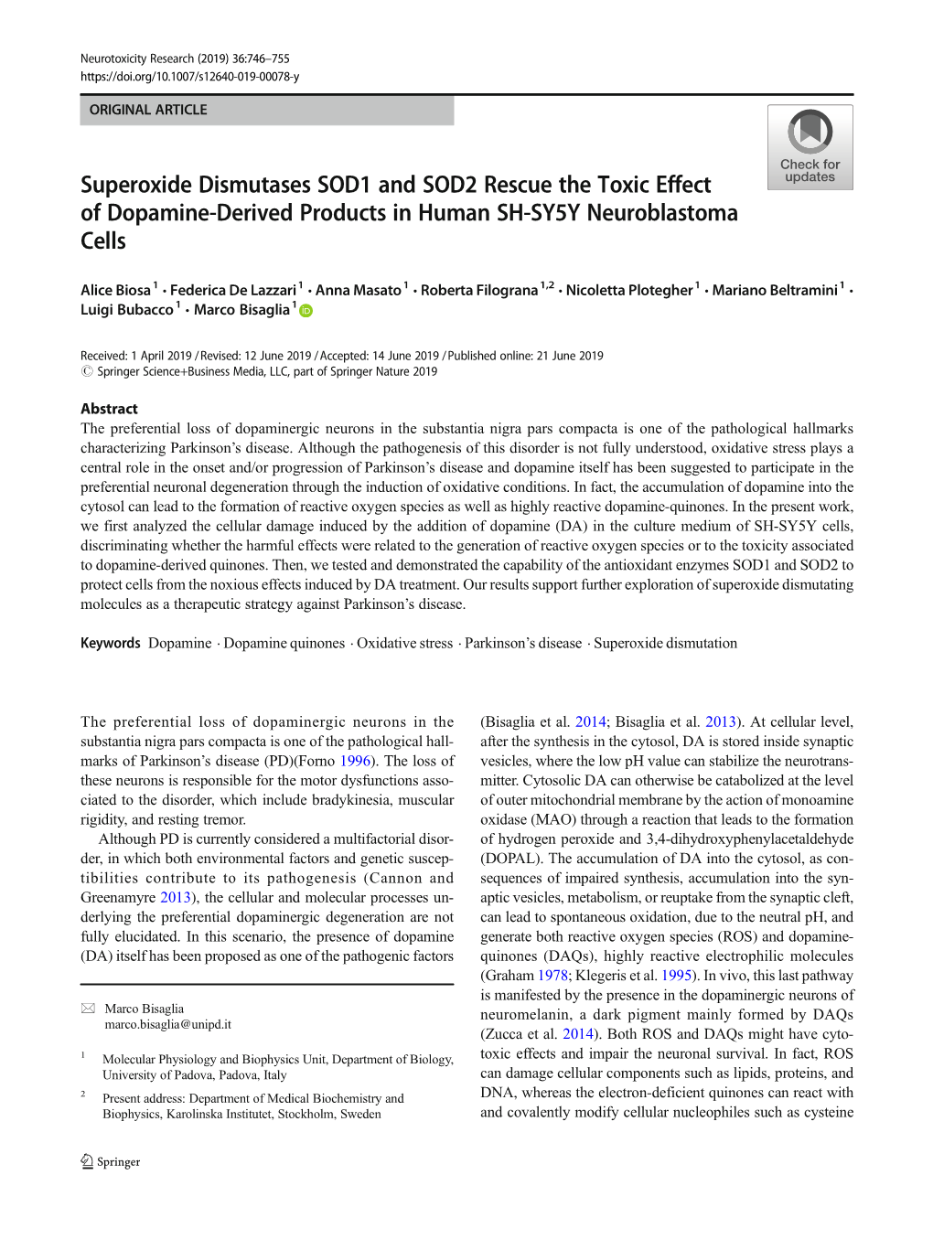 Superoxide Dismutases SOD1 and SOD2 Rescue the Toxic Effect of Dopamine-Derived Products in Human SH-SY5Y Neuroblastoma Cells