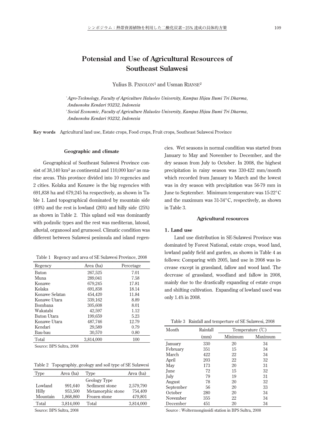 Potensial and Use of Agricultural Resources of Southeast Sulawesi