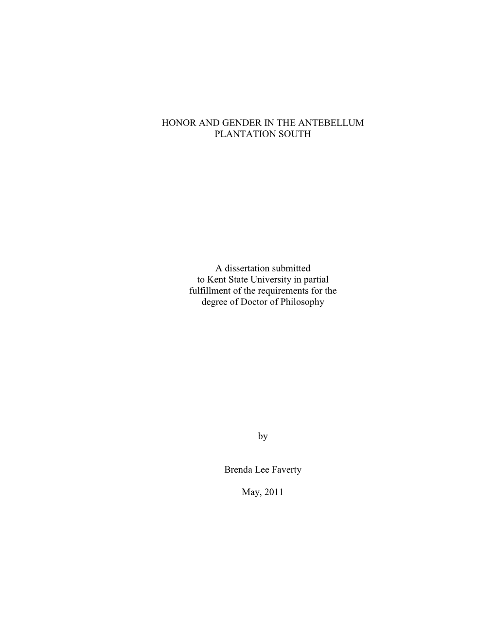 Honor and Gender in the Antebellum Plantation South