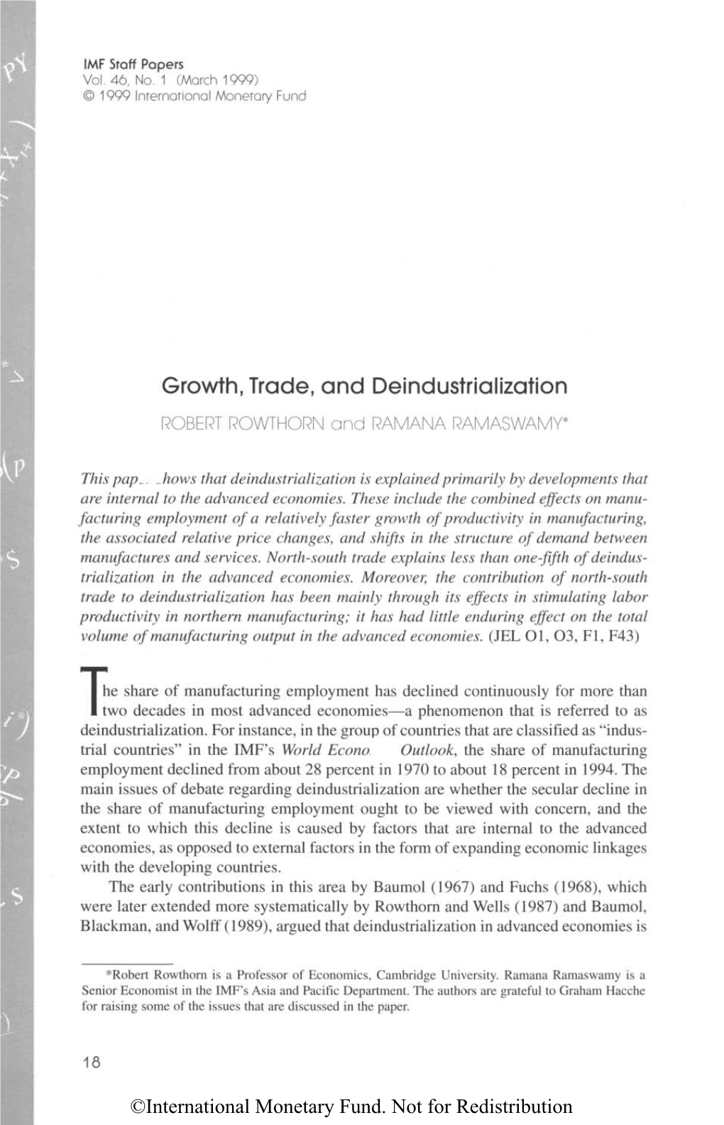 Growth, Trade, and Deindustrialization ROBERT ROWTHORN and RAMANA RAMASWAMY*