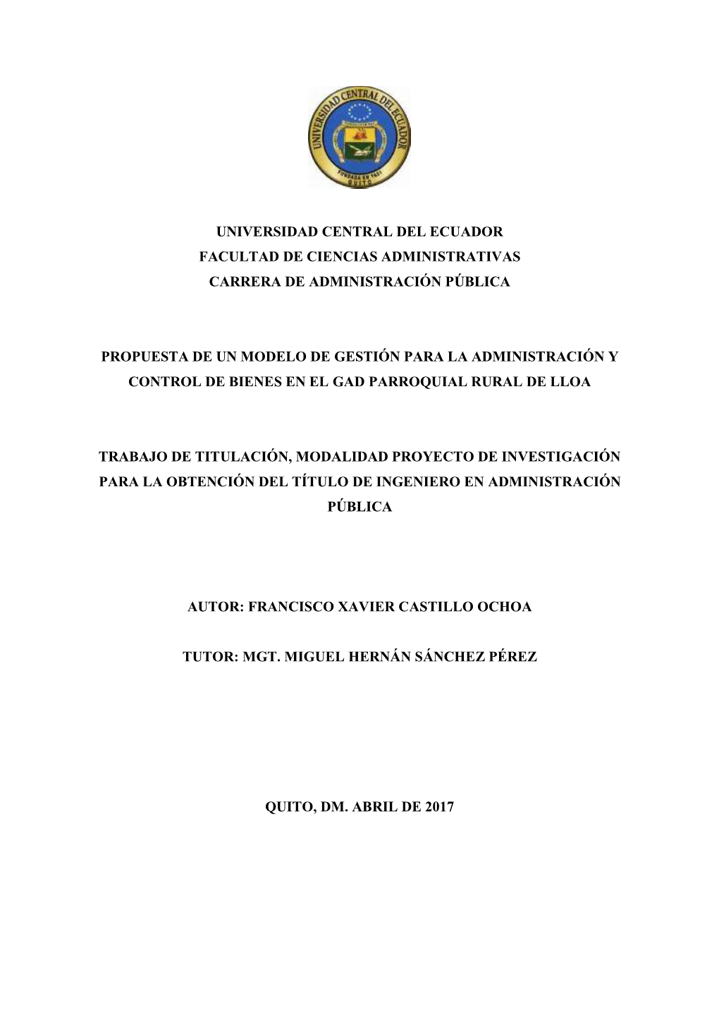 Universidad Central Del Ecuador Facultad De Ciencias Administrativas Carrera De Administración Pública