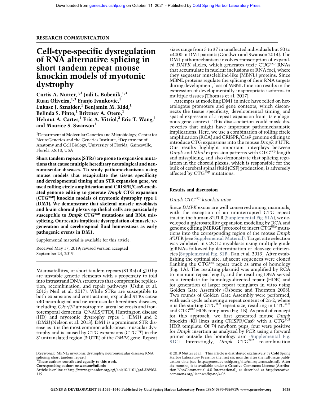 Cell-Type-Specific Dysregulation of RNA Alternative Splicing in Short Tandem Repeat Mouse Knockin Models of Myotonic Dystrophy