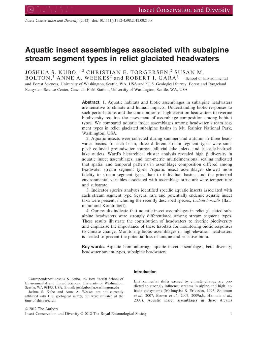 Aquatic Insect Assemblages Associated with Subalpine Stream Segment Types in Relict Glaciated Headwaters