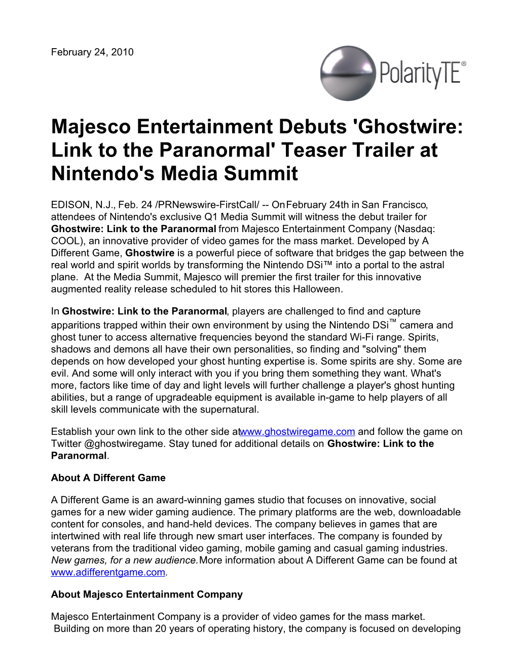 Majesco Entertainment Debuts 'Ghostwire: Link to the Paranormal' Teaser Trailer at Nintendo's Media Summit