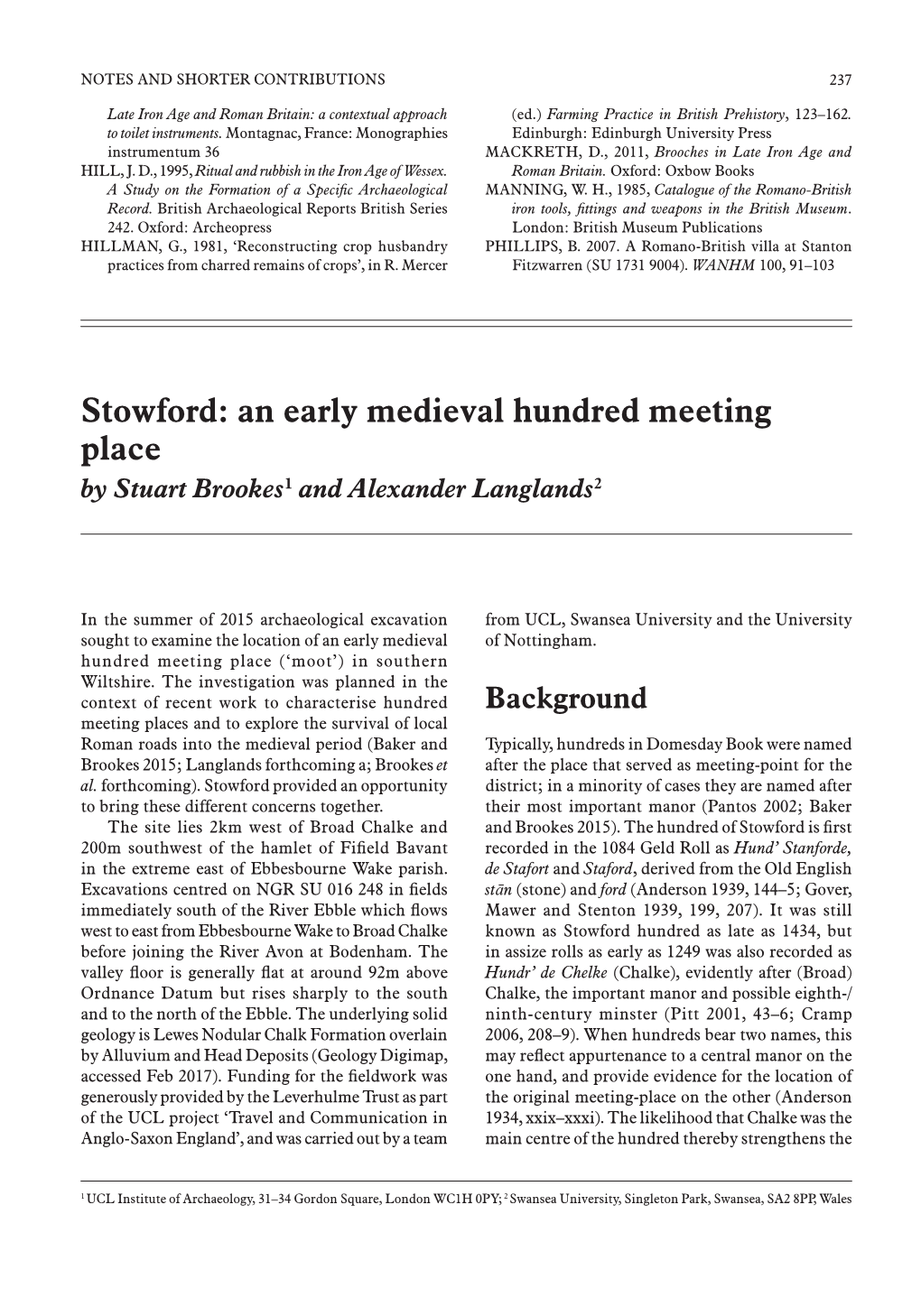 Stowford: an Early Medieval Hundred Meeting Place by Stuart Brookes1 and Alexander Langlands2