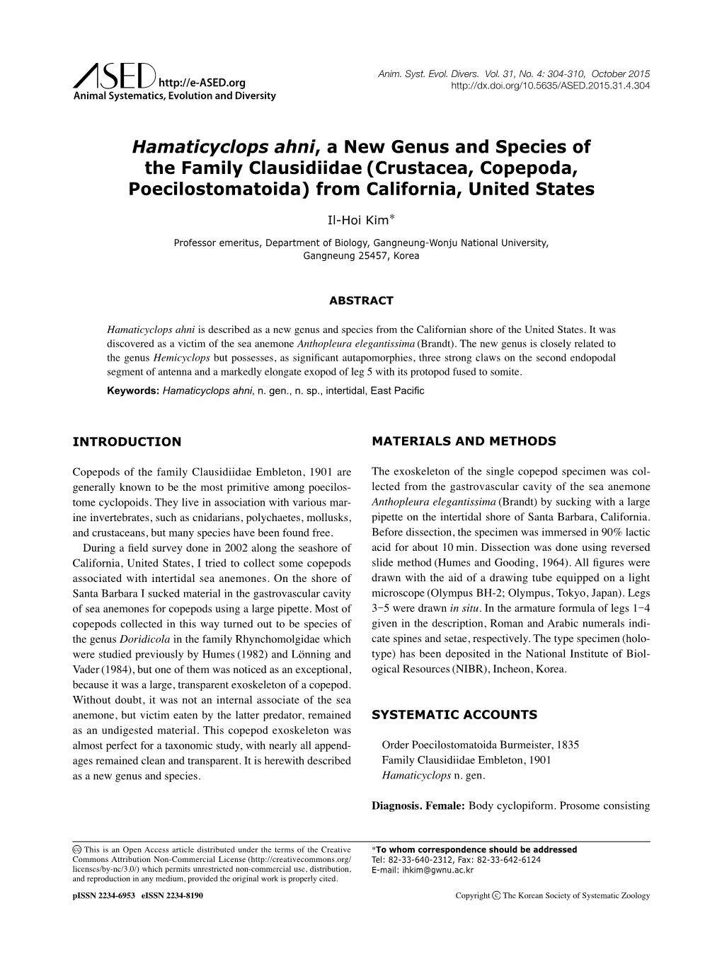 Hamaticyclops Ahni, a New Genus and Species of the Family Clausidiidae (Crustacea, Copepoda, Poecilostomatoida) from California, United States