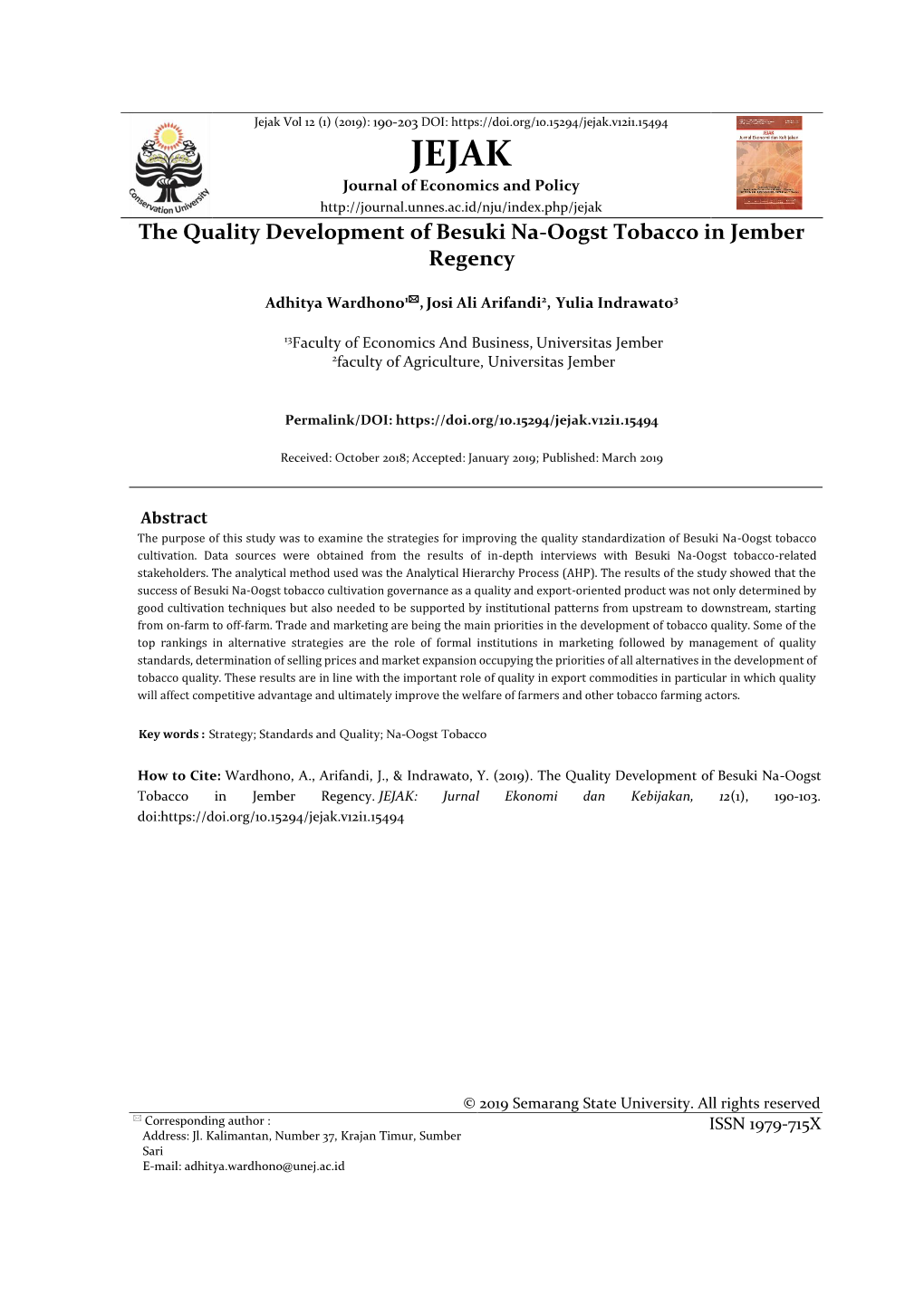 The Quality Development of Besuki Na-Oogst Tobacco in Jember Regency
