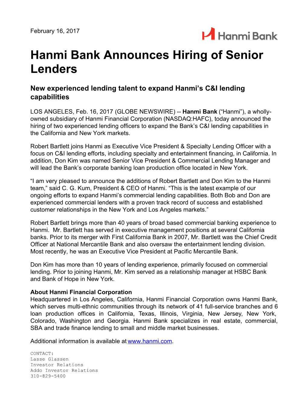 Hanmi Bank Announces Hiring of Senior Lenders