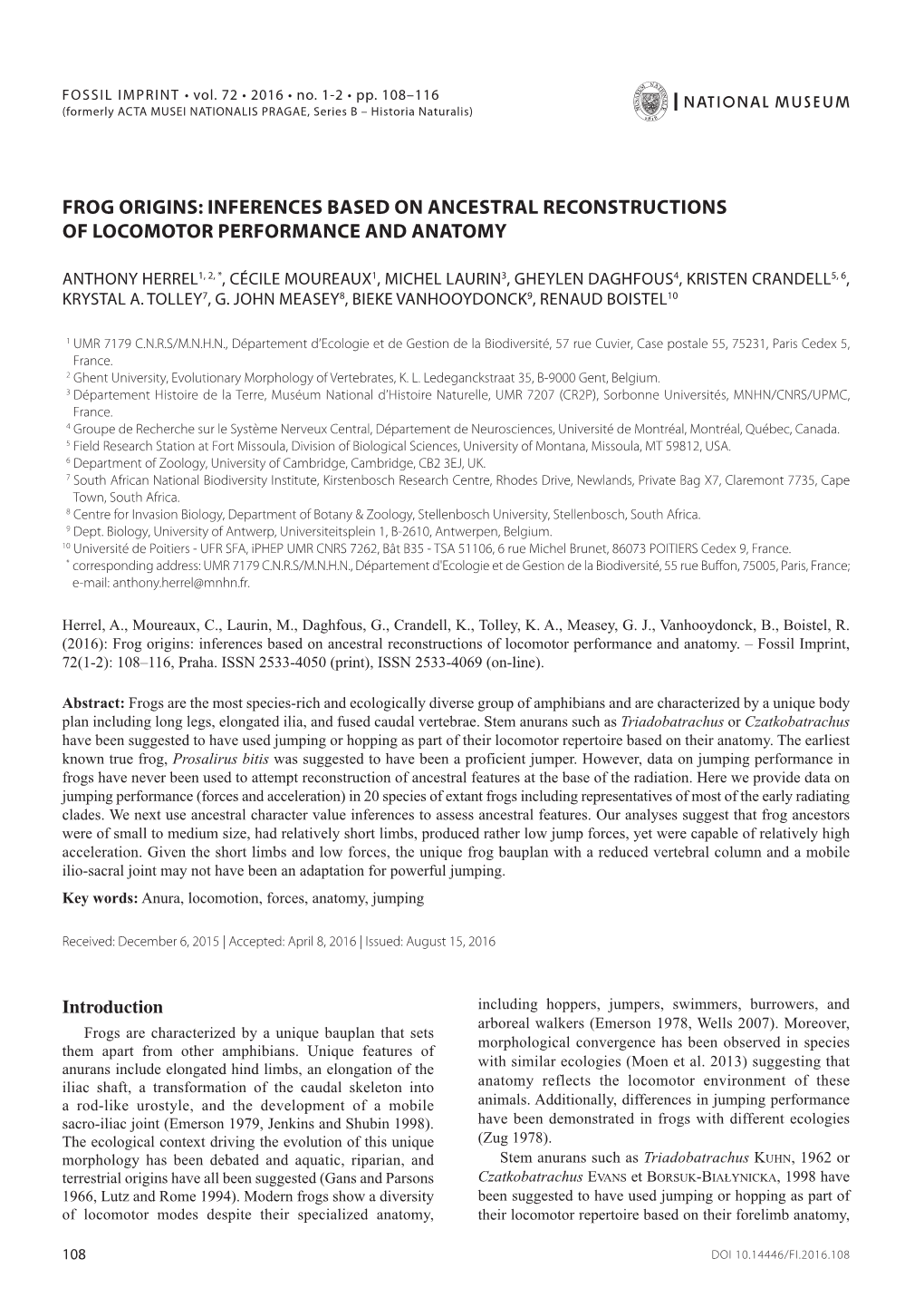 Frog Origins: Inferences Based on Ancestral Reconstructions of Locomotor Performance and Anatomy