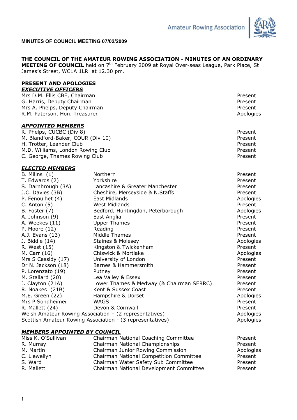 The Council of the Amateur Rowing Association Minutes