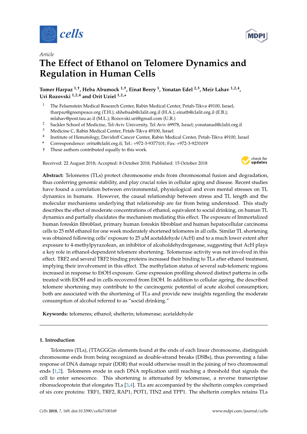 The Effect of Ethanol on Telomere Dynamics and Regulation in Human Cells