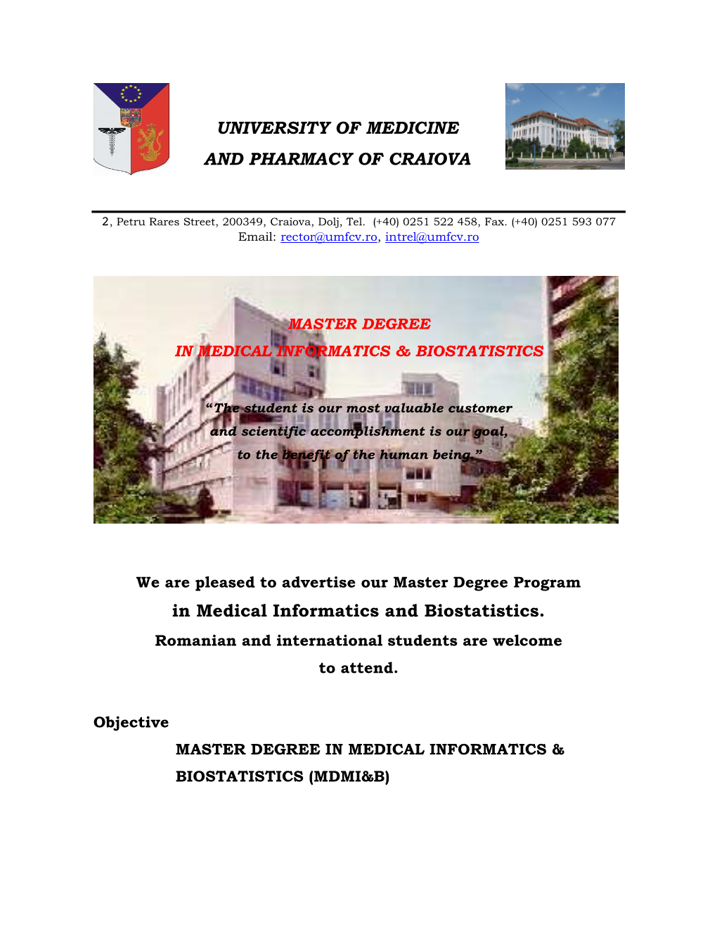 UNIVERSITY of MEDICINE and PHARMACY of CRAIOVA In