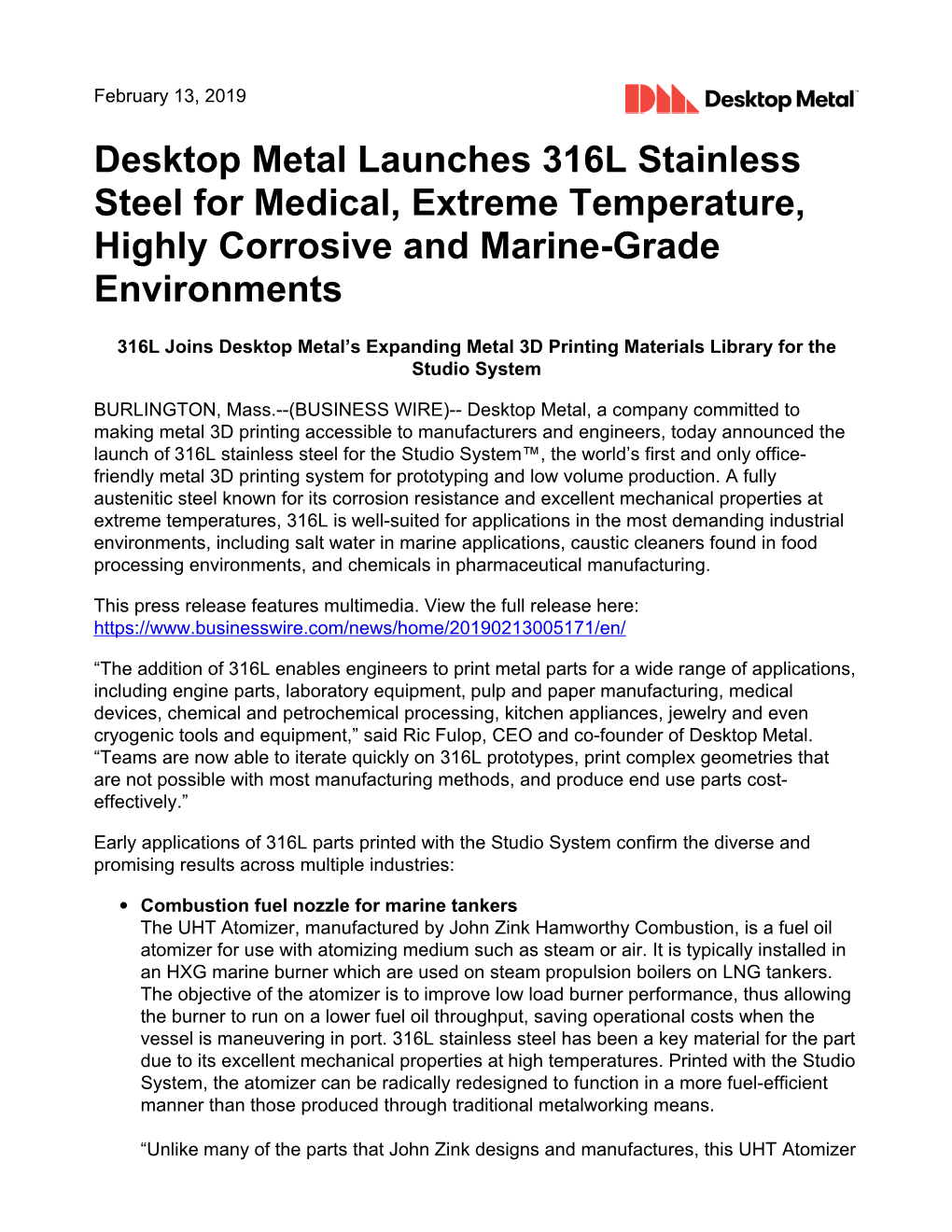 Desktop Metal Launches 316L Stainless Steel for Medical, Extreme Temperature, Highly Corrosive and Marine-Grade Environments