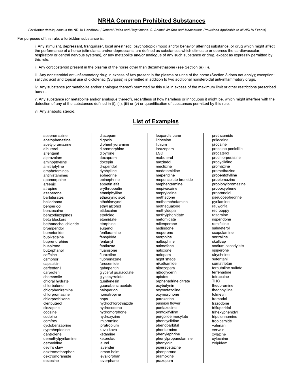 Example List of Forbidden Substances