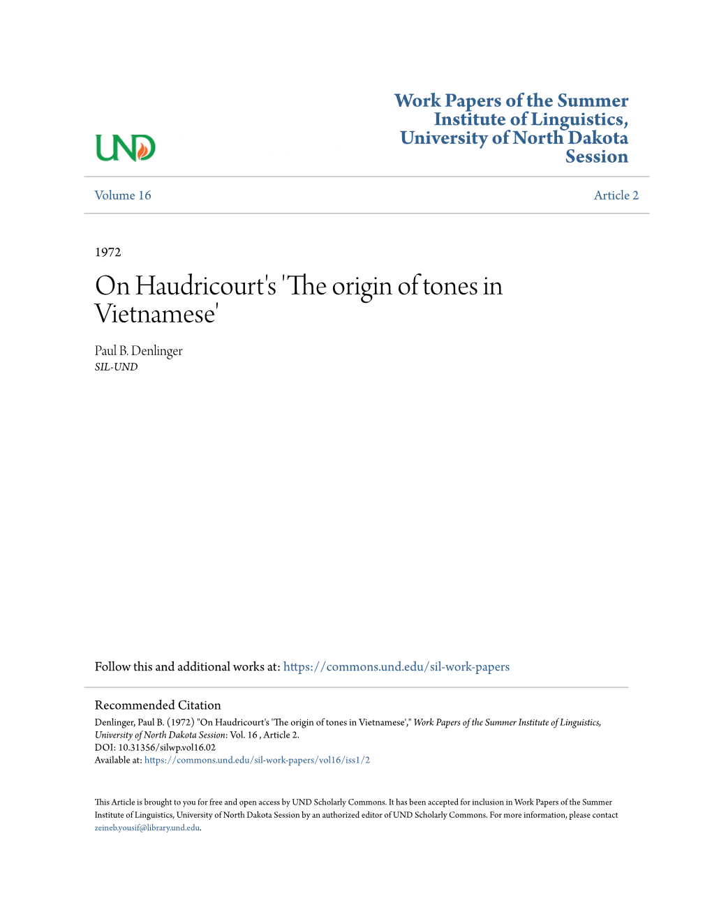 On Haudricourt's 'The Origin of Tones in Vietnamese' Paul B