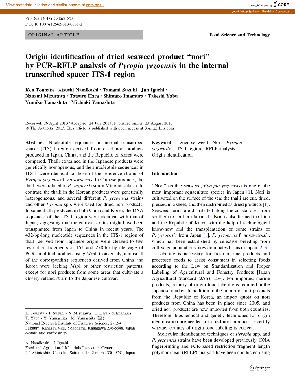 By PCR–RFLP Analysis of Pyropia Yezoensis in the Internal Transcribed Spacer ITS-1 Region