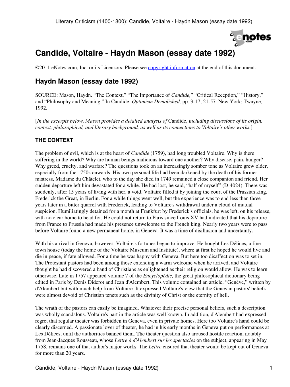 Literary Criticism (1400-1800): Candide, Voltaire - Haydn Mason (Essay Date 1992)