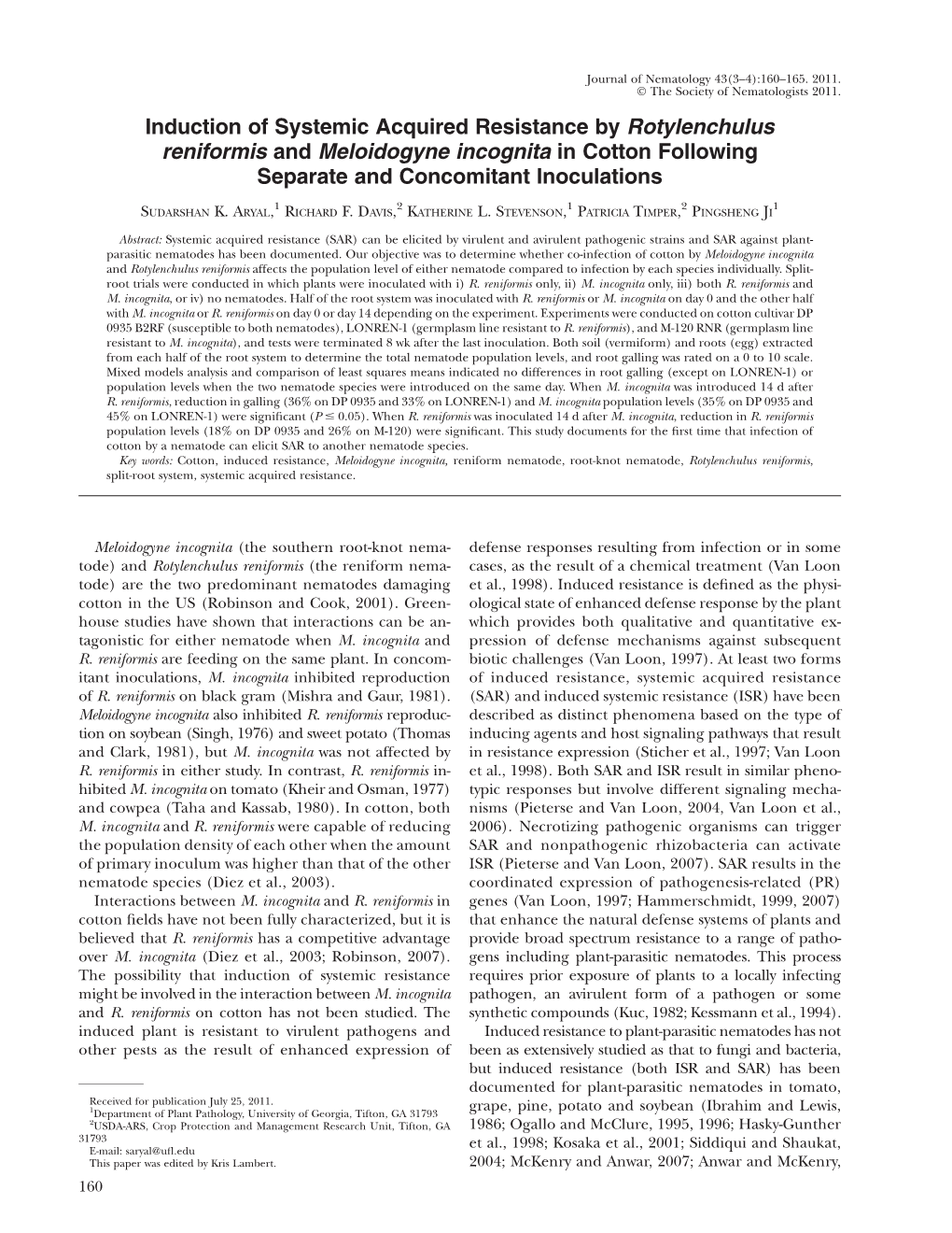 Induction of Systemic Acquired Resistance by Rotylenchulus Reniformis and Meloidogyne Incognita in Cotton Following Separate and Concomitant Inoculations