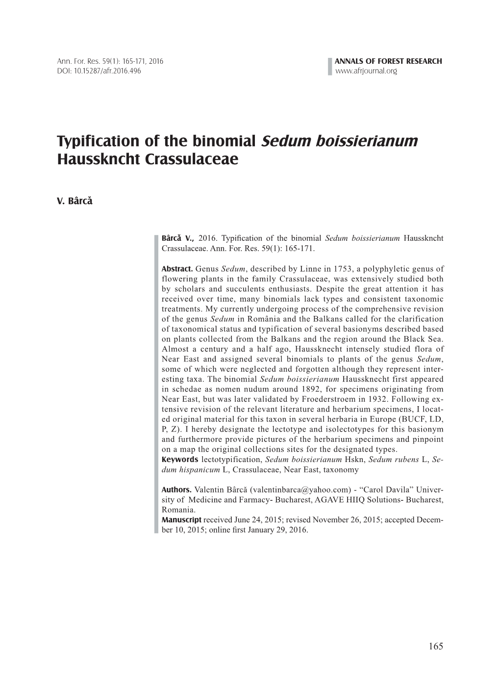Typification of the Binomial Sedum Boissierianum Hausskncht Crassulaceae