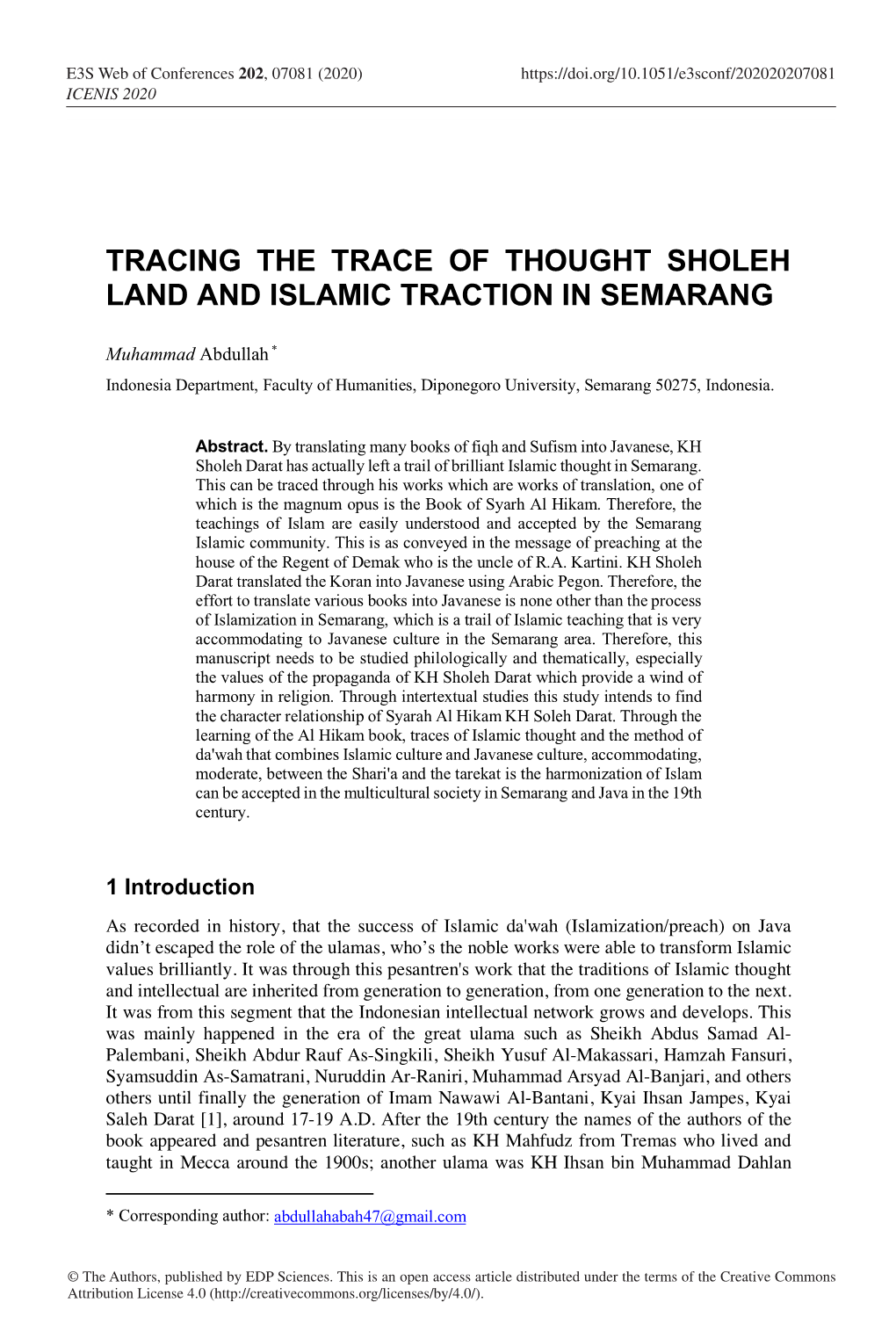 Tracing the Trace of Thought Sholeh Land and Islamic Traction in Semarang