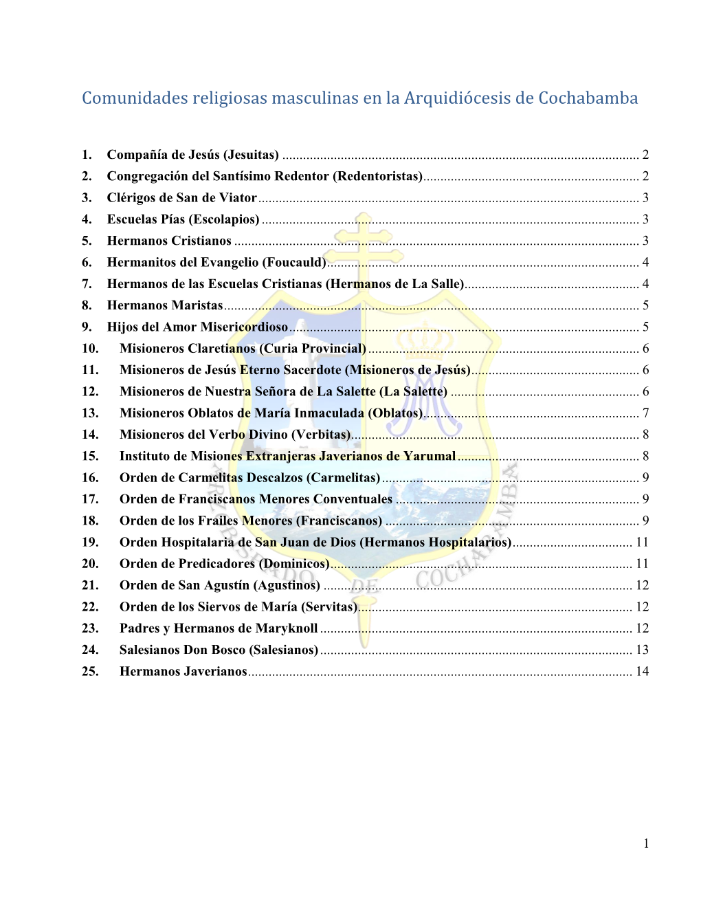 Comunidades Religiosas Masculinas En La Arquidiócesis De Cochabamba