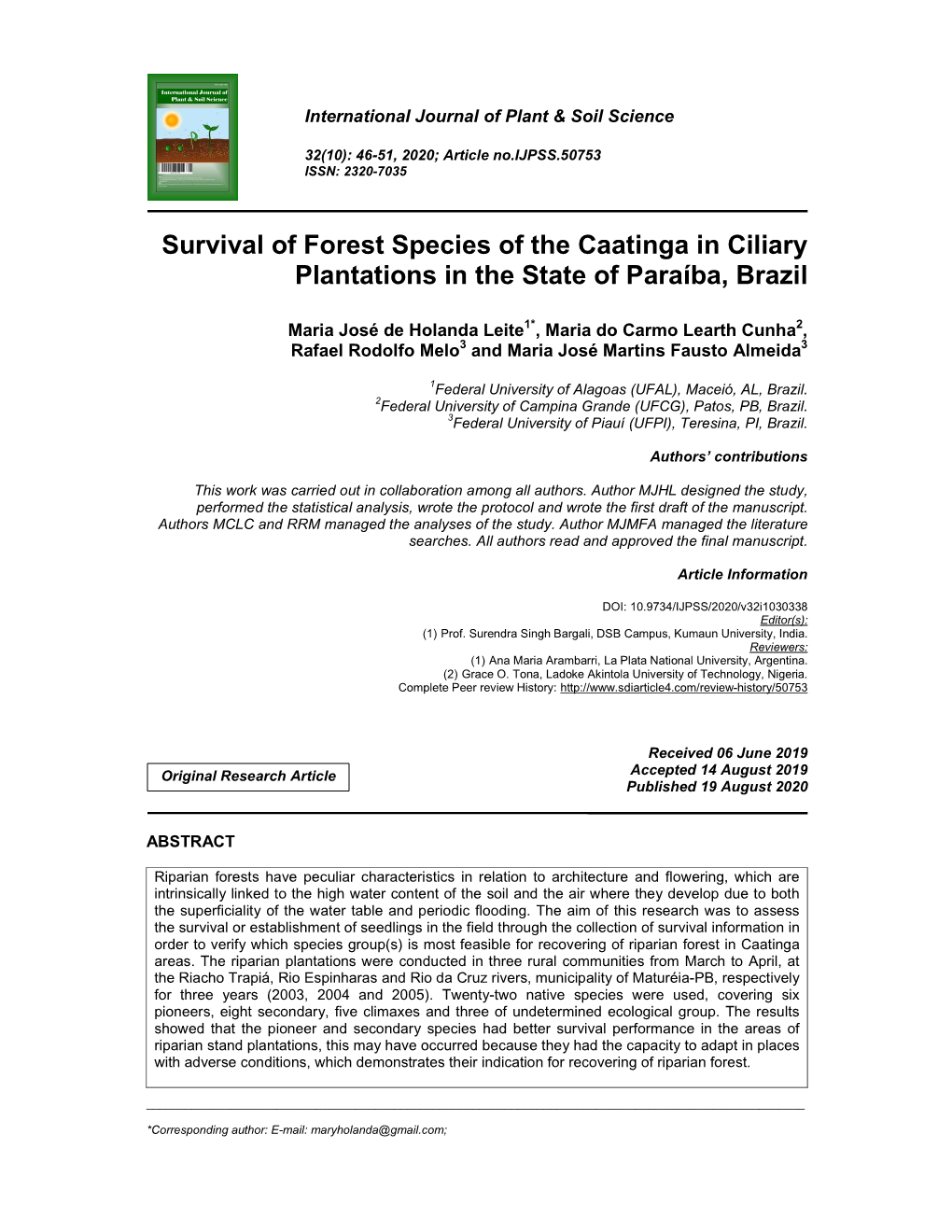 Survival of Forest Species of the Caatinga in Ciliary Plantations in the State of Paraíba, Brazil