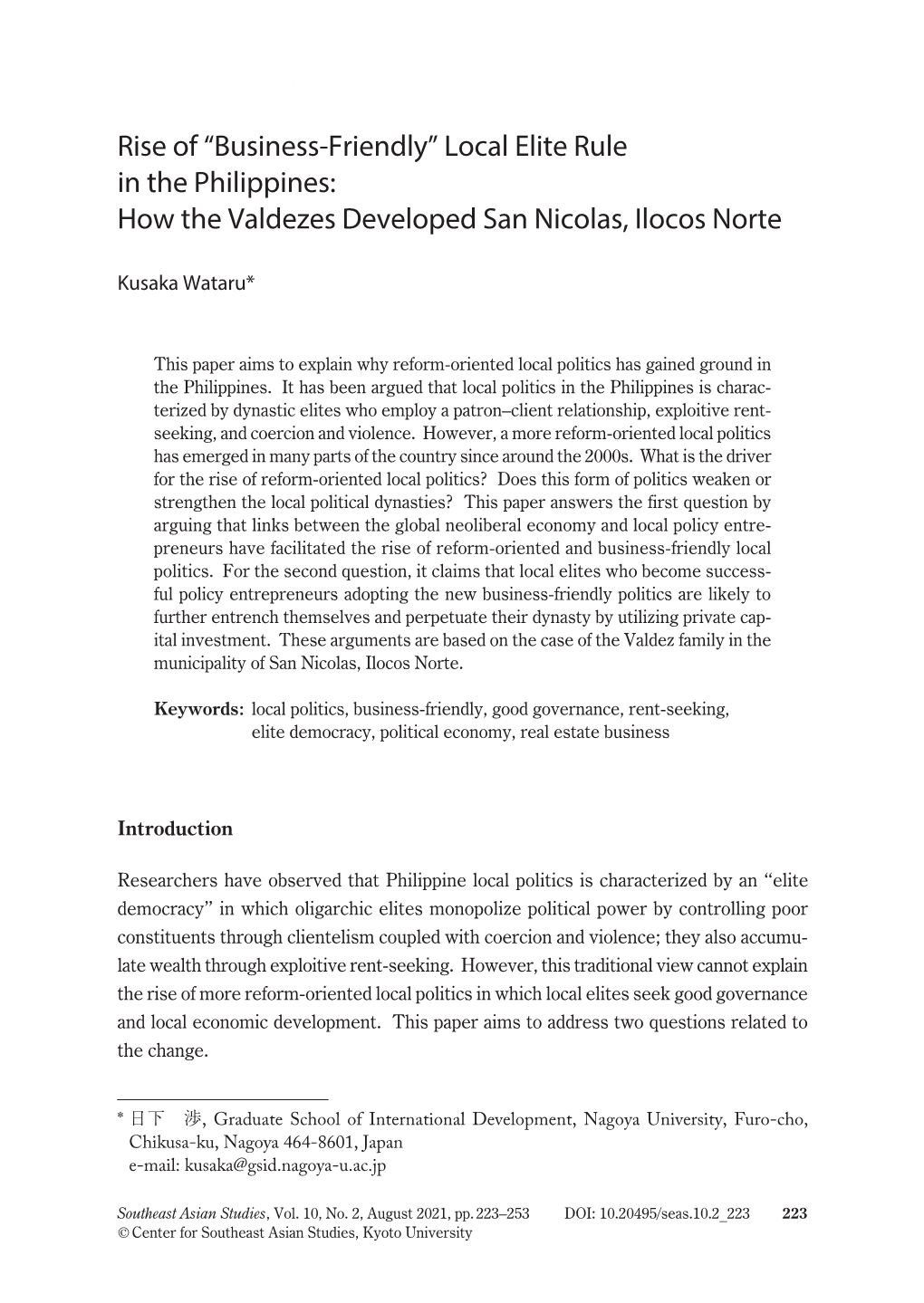 Local Elite Rule in the Philippines: How the Valdezes Developed San Nicolas, Ilocos Norte