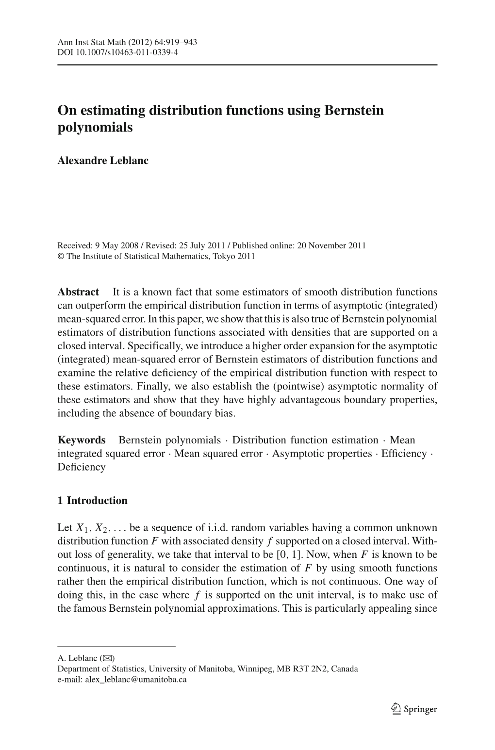 On Estimating Distribution Functions Using Bernstein Polynomials