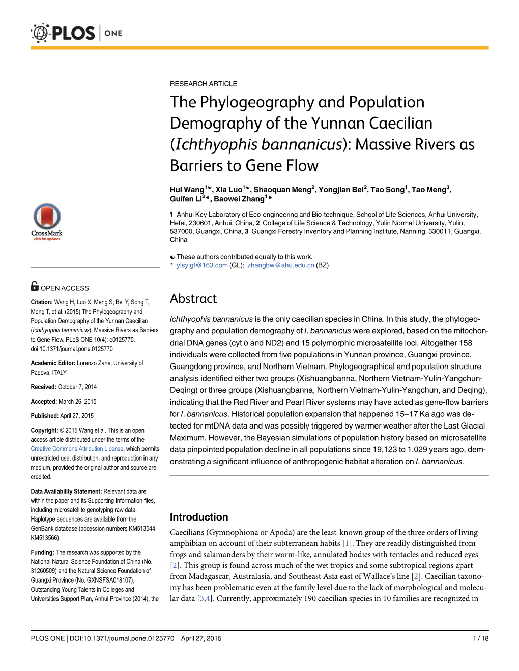 (Ichthyophis Bannanicus): Massive Rivers As Barriers to Gene Flow