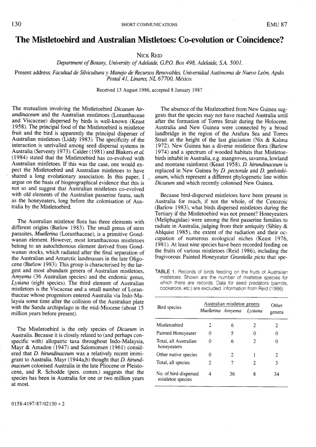 The Mistletoebird and Australian Mistletoes: Co-Evolution Or Coincidence?