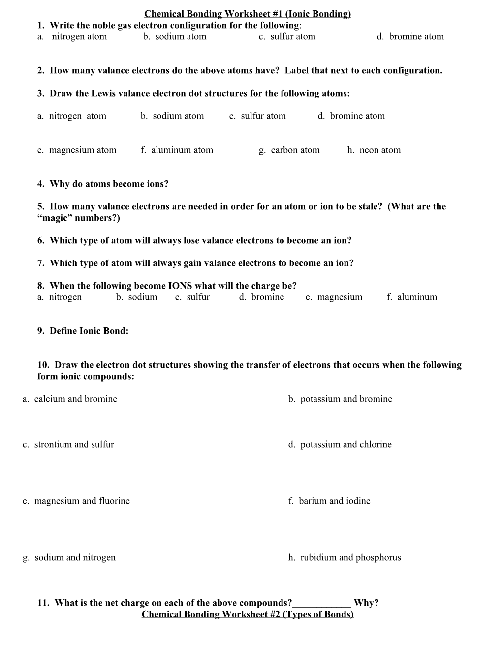 Chemical Bonding Worksheet #1 (Ionic Bonding)