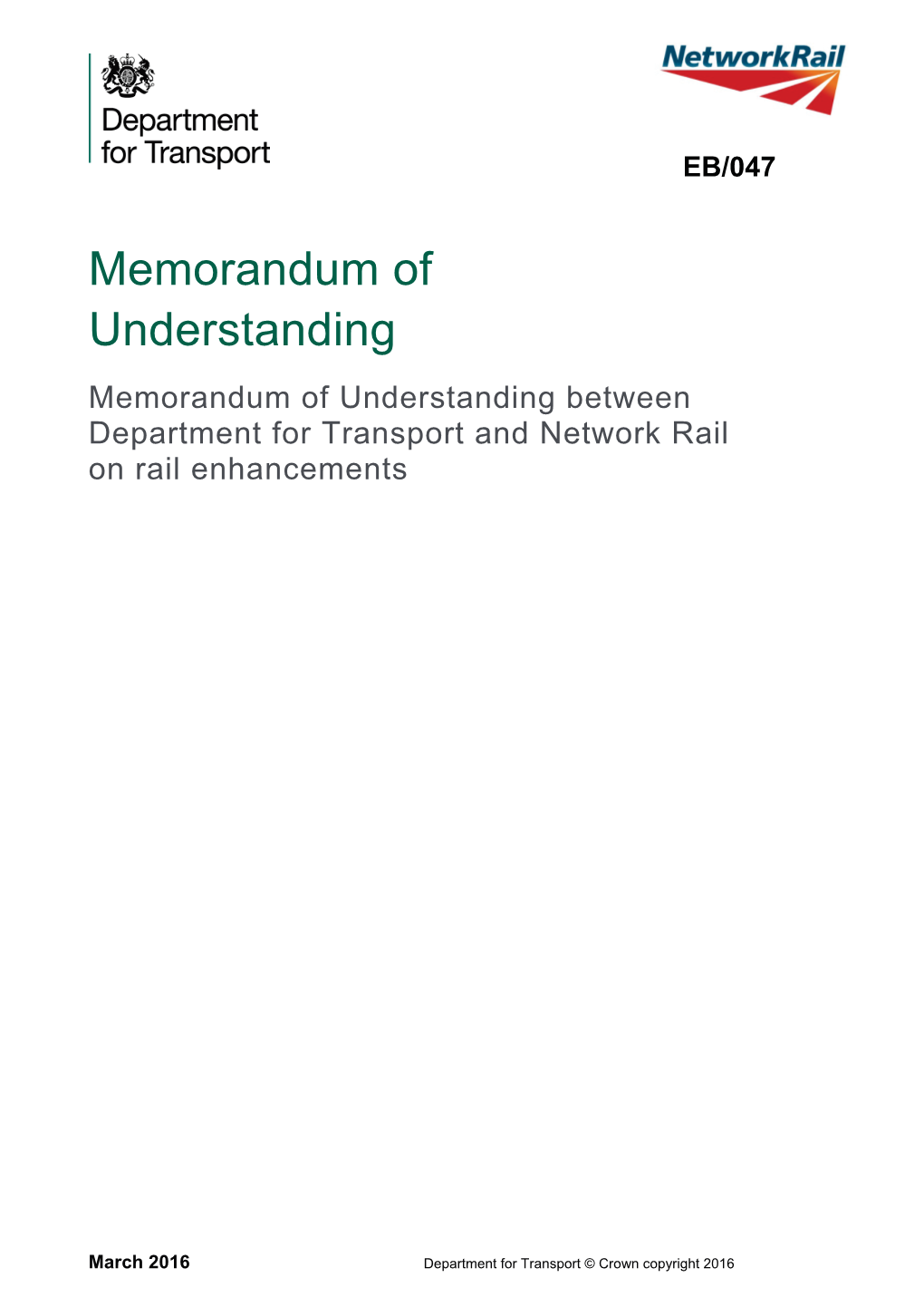 Memorandum of Understanding Between Department for Transport