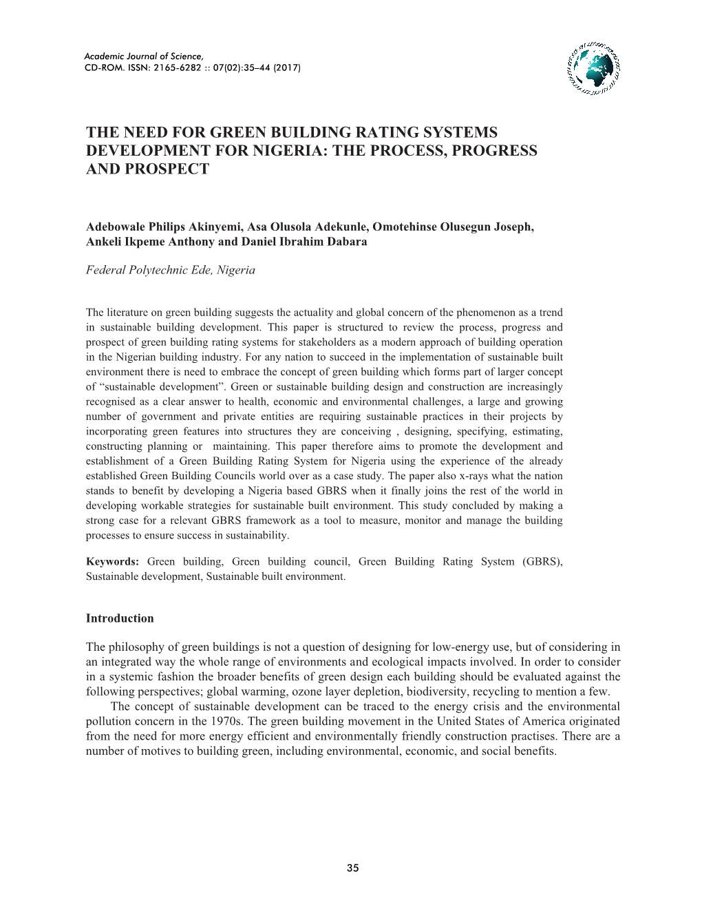 The Need for Green Building Rating Systems Development for Nigeria: the Process, Progress and Prospect