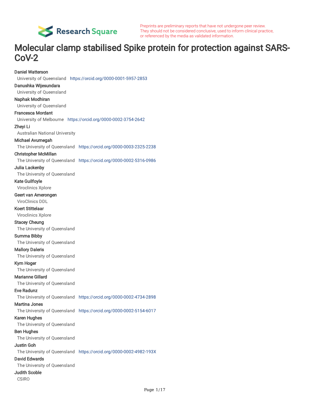 Molecular Clamp Stabilised Spike Protein for Protection Against SARS- Cov-2