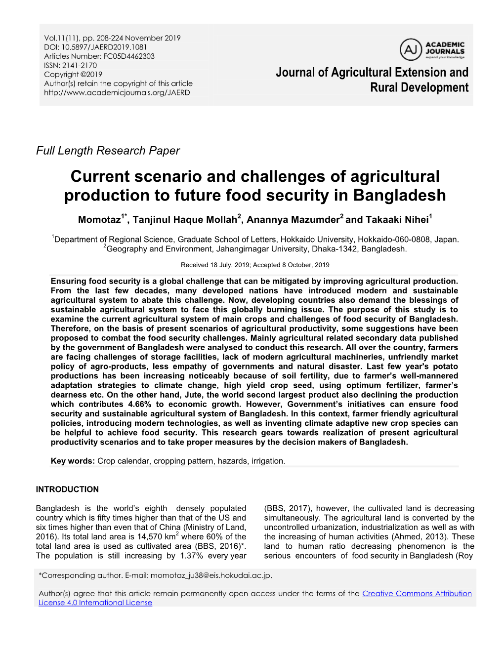 Current Scenario and Challenges of Agricultural Production to Future Food Security in Bangladesh