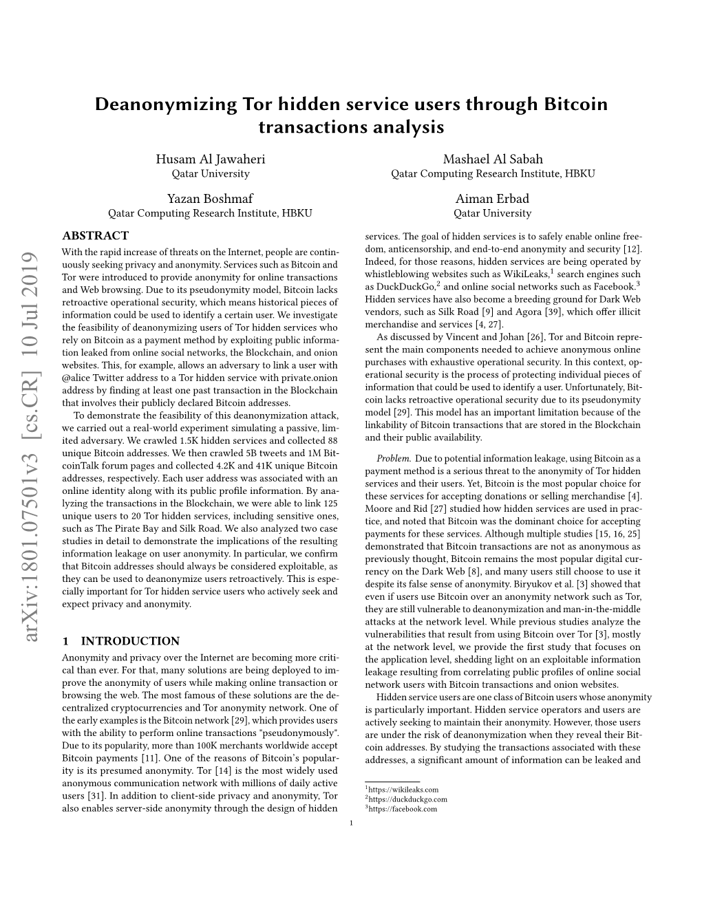 Deanonymizing Tor Hidden Service Users Through Bitcoin Transactions Analysis