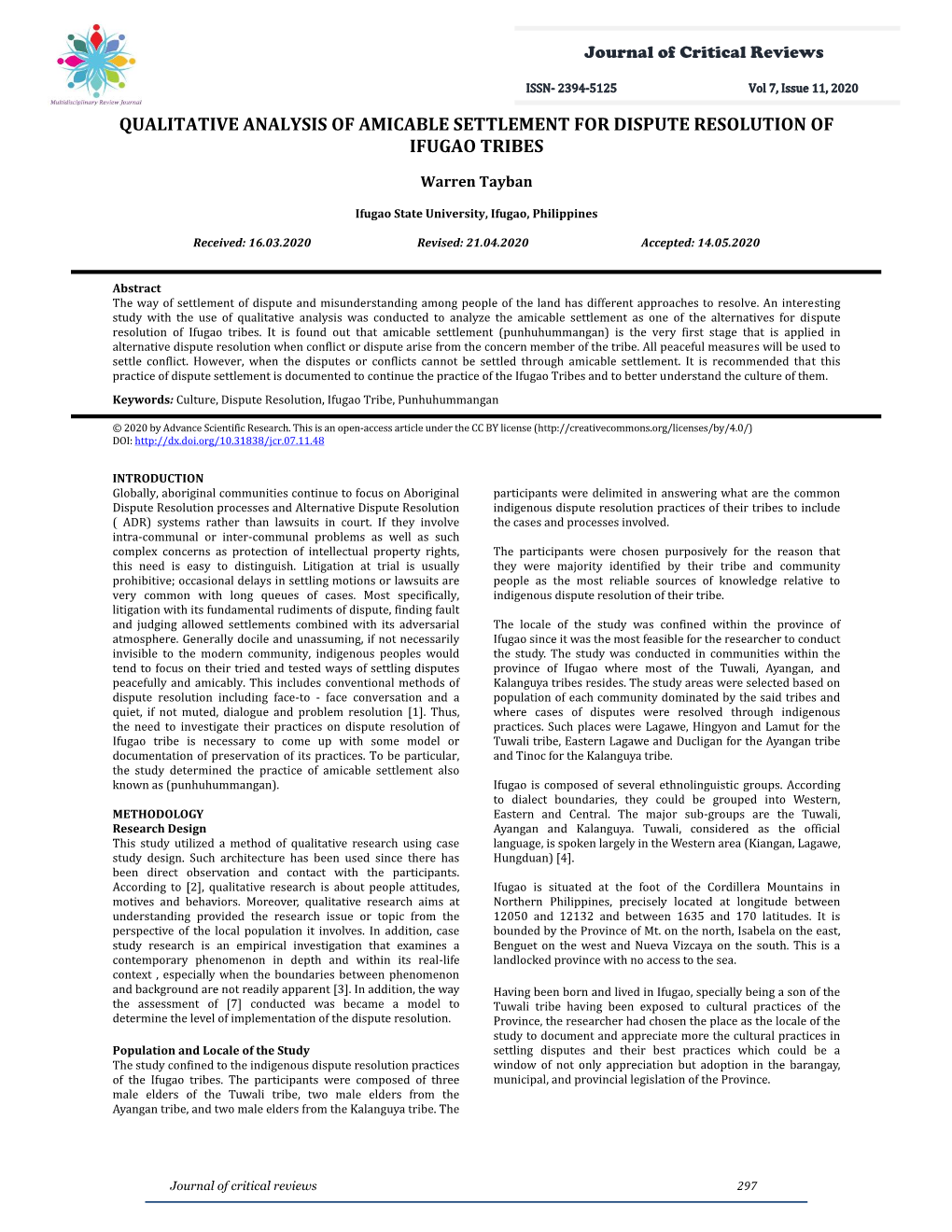 Qualitative Analysis of Amicable Settlement for Dispute Resolution of Ifugao Tribes