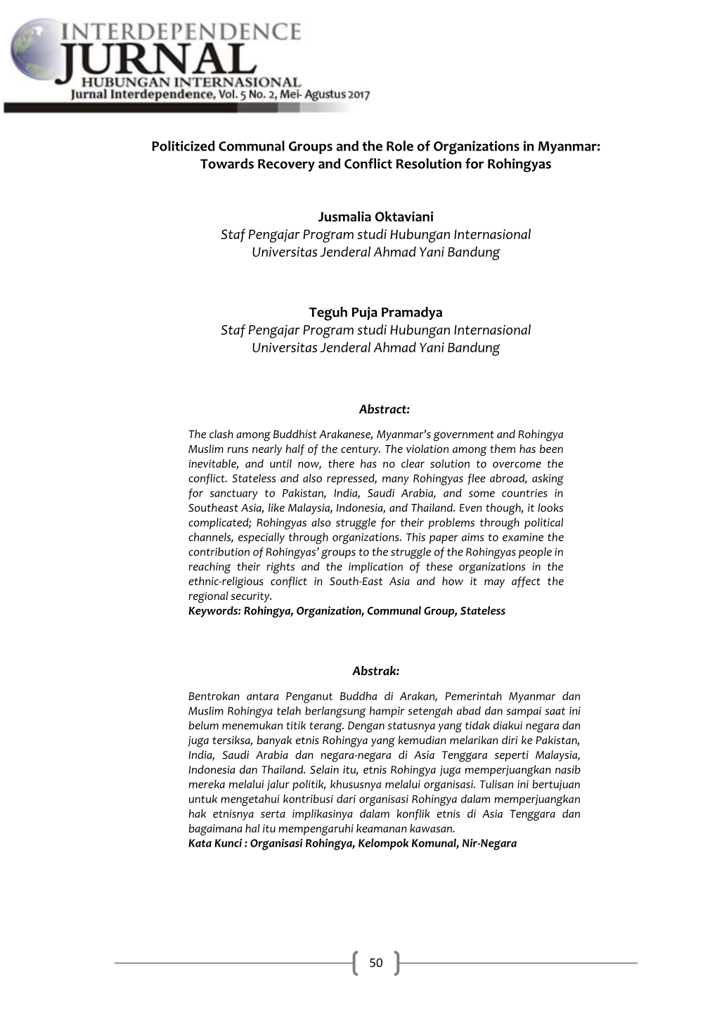 Politicized Communal Groups and the Role of Organizations in Myanmar: Towards Recovery and Conflict Resolution for Rohingyas