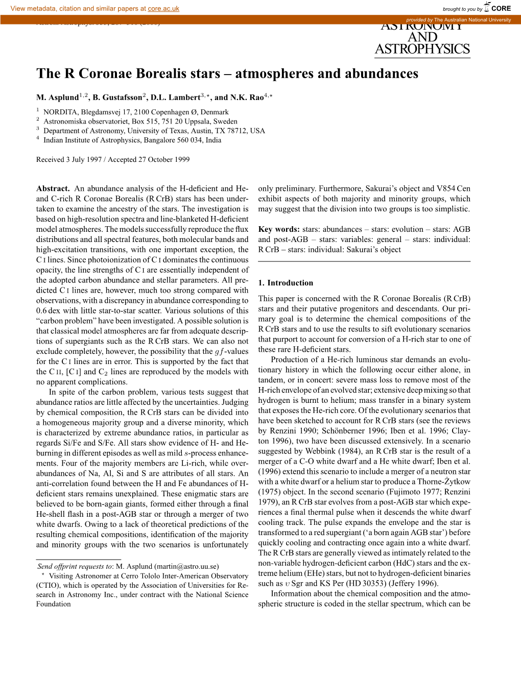 ASTRONOMY and ASTROPHYSICS the R Coronae Borealis Stars