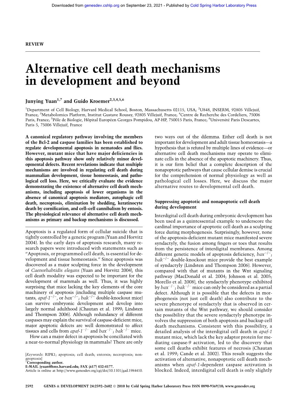 Alternative Cell Death Mechanisms in Development and Beyond