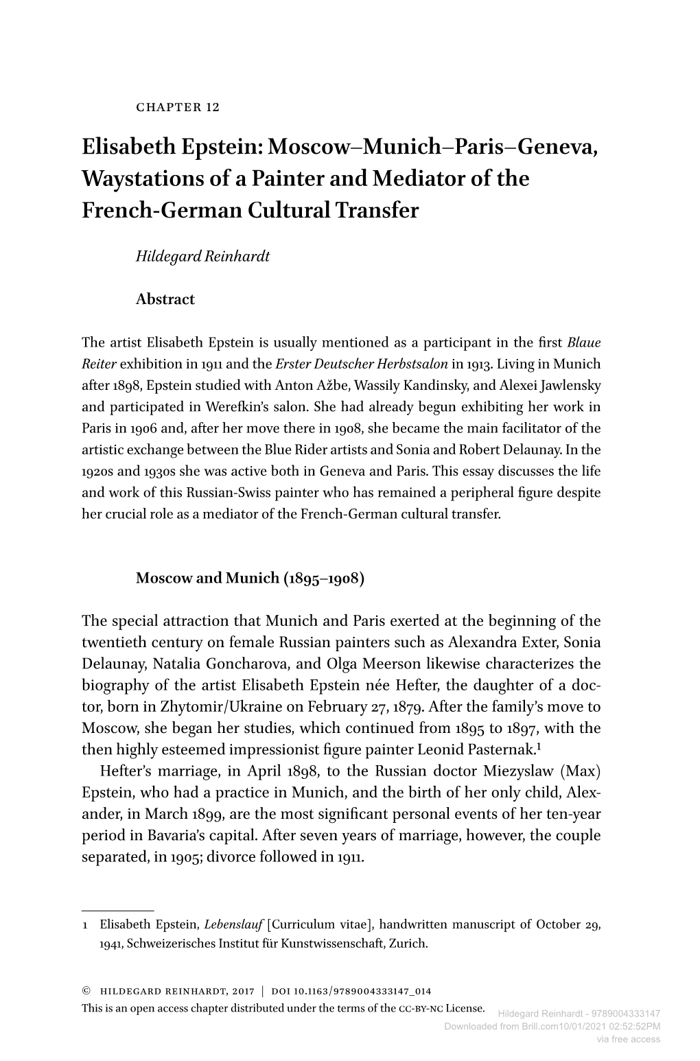 Elisabeth Epstein: Moscow–Munich–Paris–Geneva, Waystations of a Painter and Mediator of the French-German Cultural Transfer