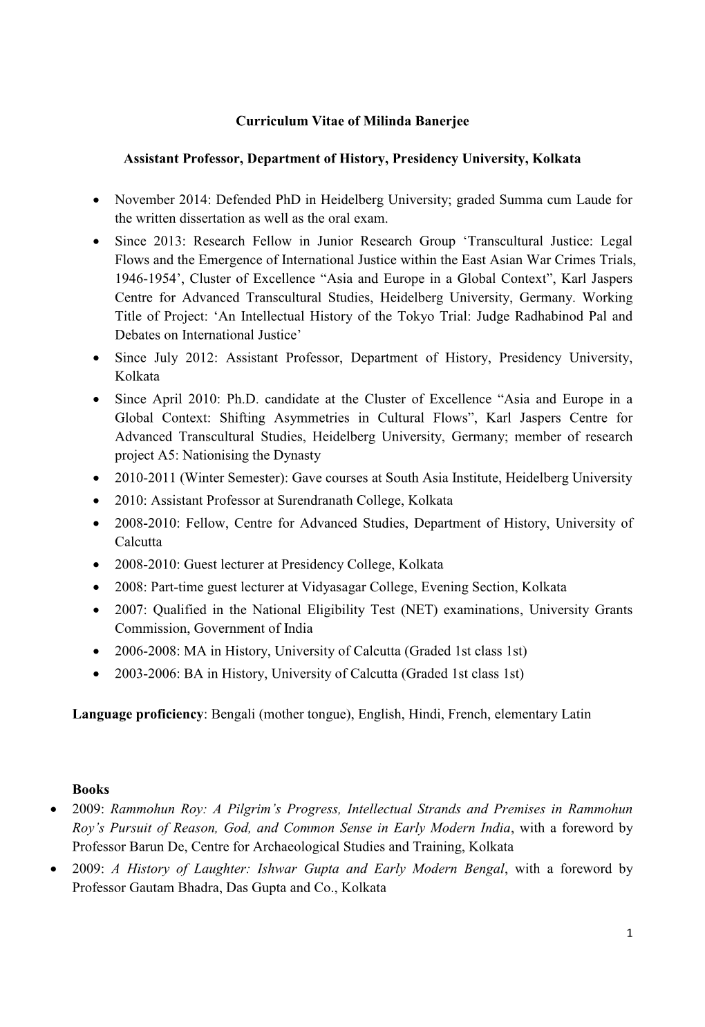 Curriculum Vitae of Milinda Banerjee Assistant Professor, Department Of