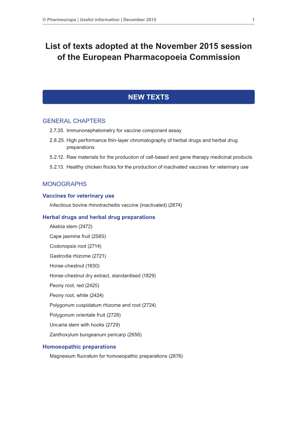 List of Texts Adopted at the November 2015 Session of the European Pharmacopoeia Commission