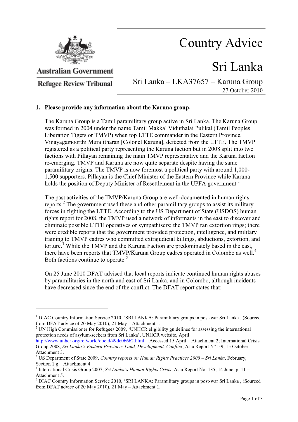 Country Advice Sri Lanka Sri Lanka – LKA37657 – Karuna Group